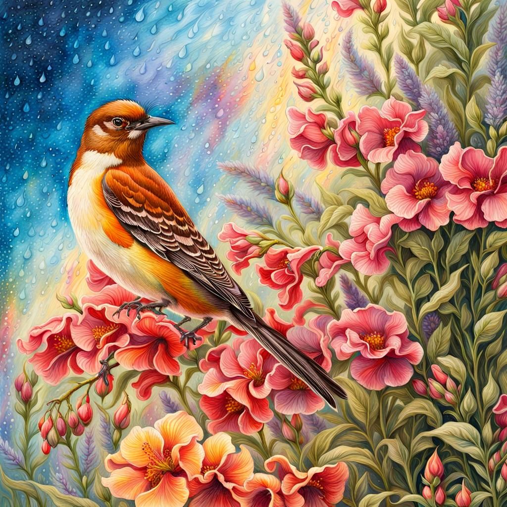 Bird on Flowers: Detailed Gouache Watercolor