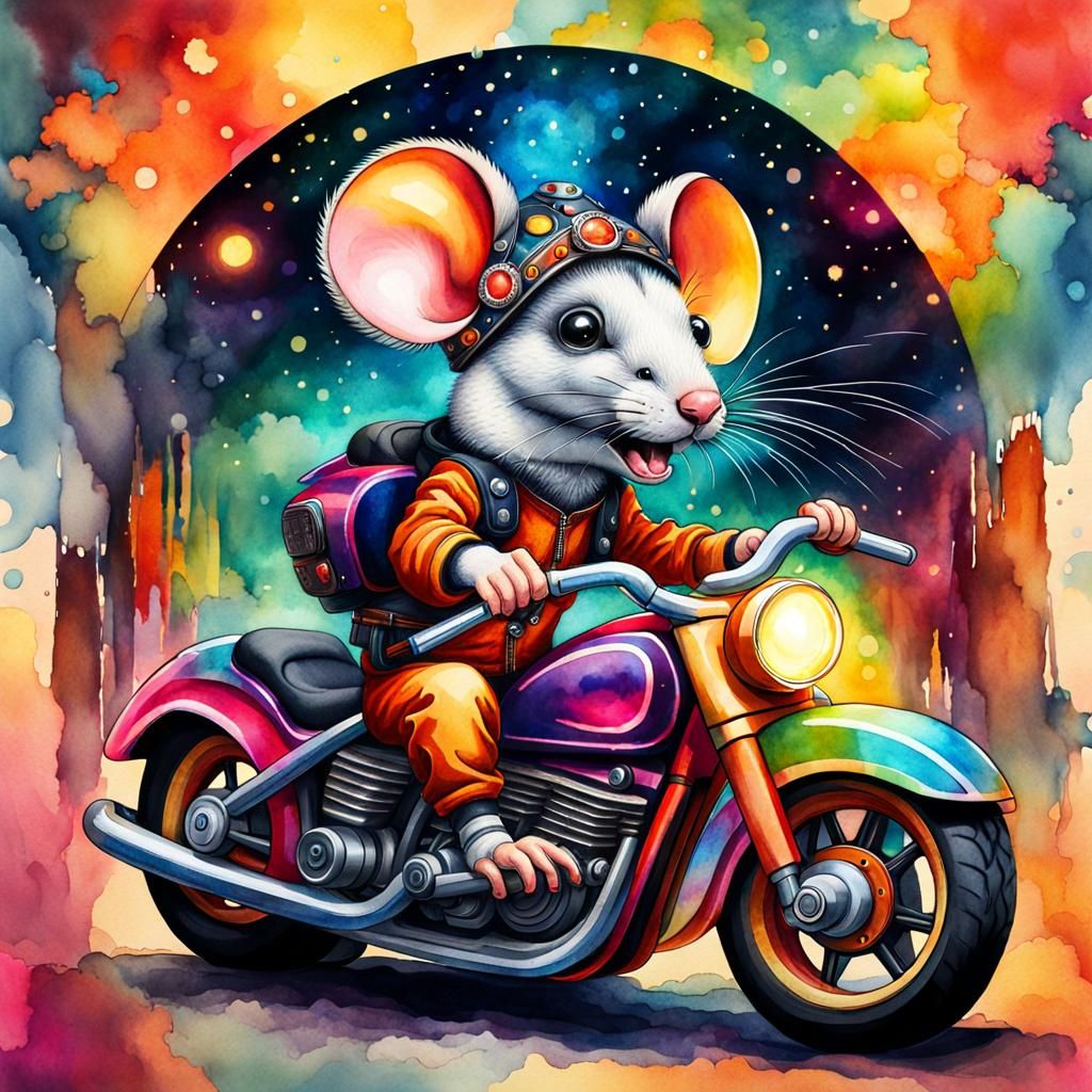 Mouse on Motorcycle: Watercolor Punk Art