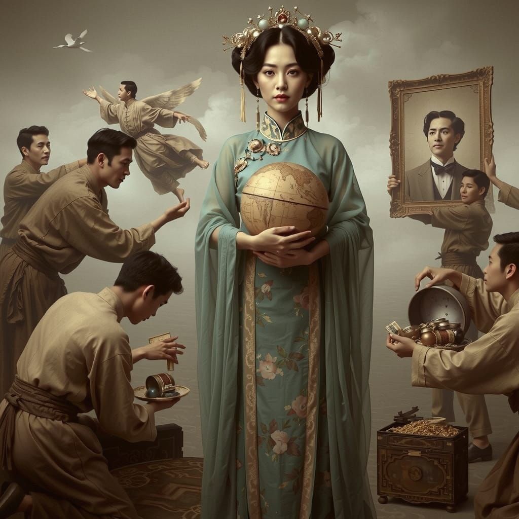 Regal Woman Rejects Worldly Riches, Pre-Raphaelite Style