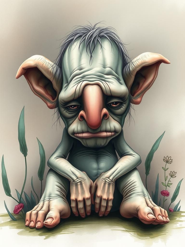 Melancholic Troll in Rousseau-Inspired Color Pencil Art