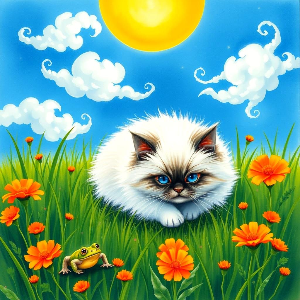 Playful Himalayan Cat Surrounded by Whimsical Clouds and Mar...