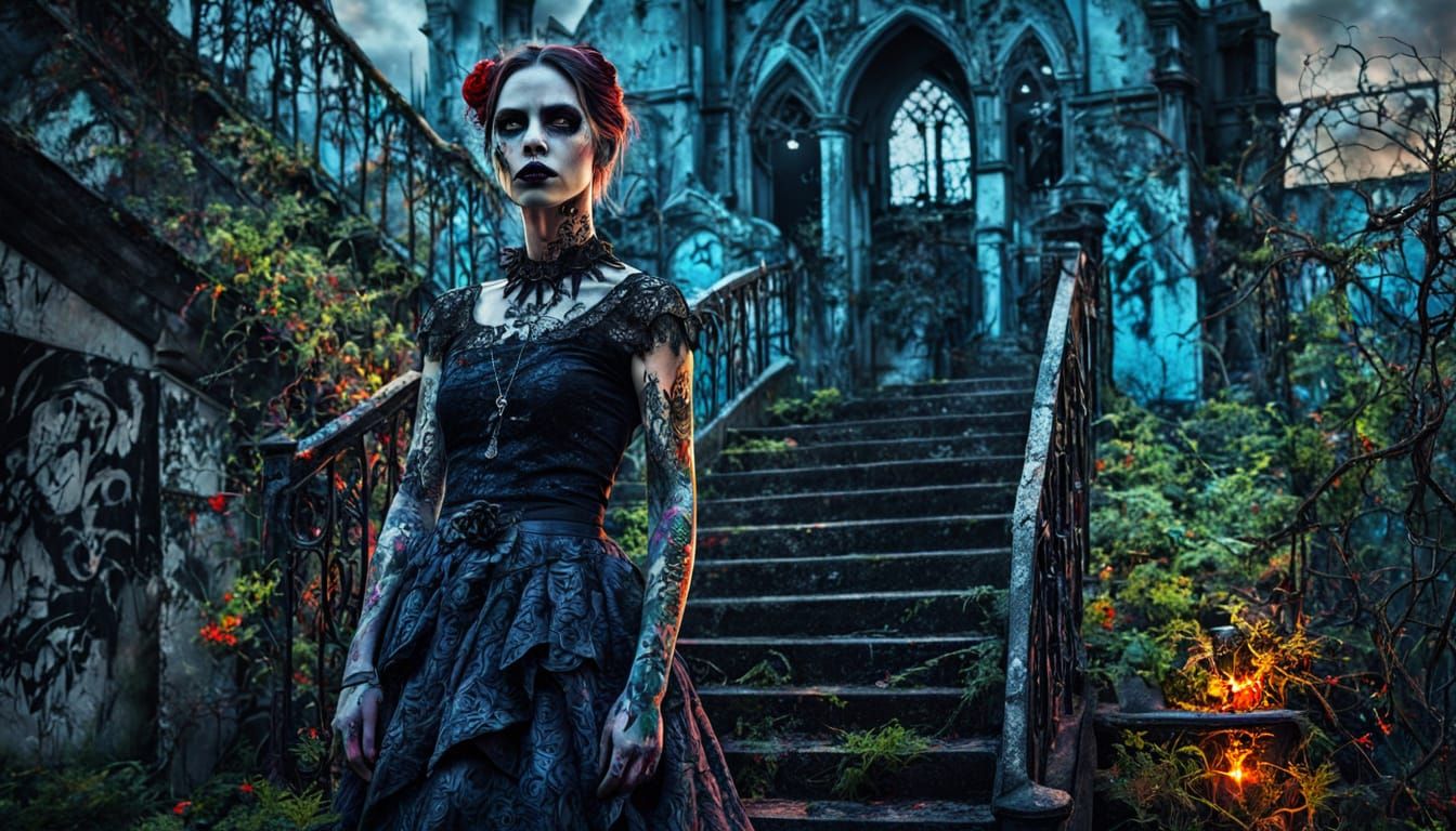 Gothic Woman in Eerie Cemetery Graffiti Art