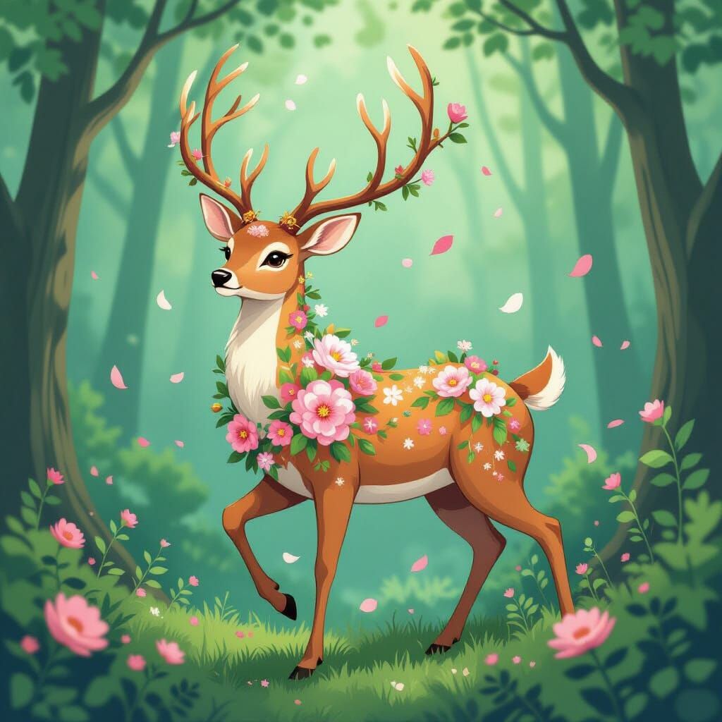 Floral Deer in Whimsical Forest Art