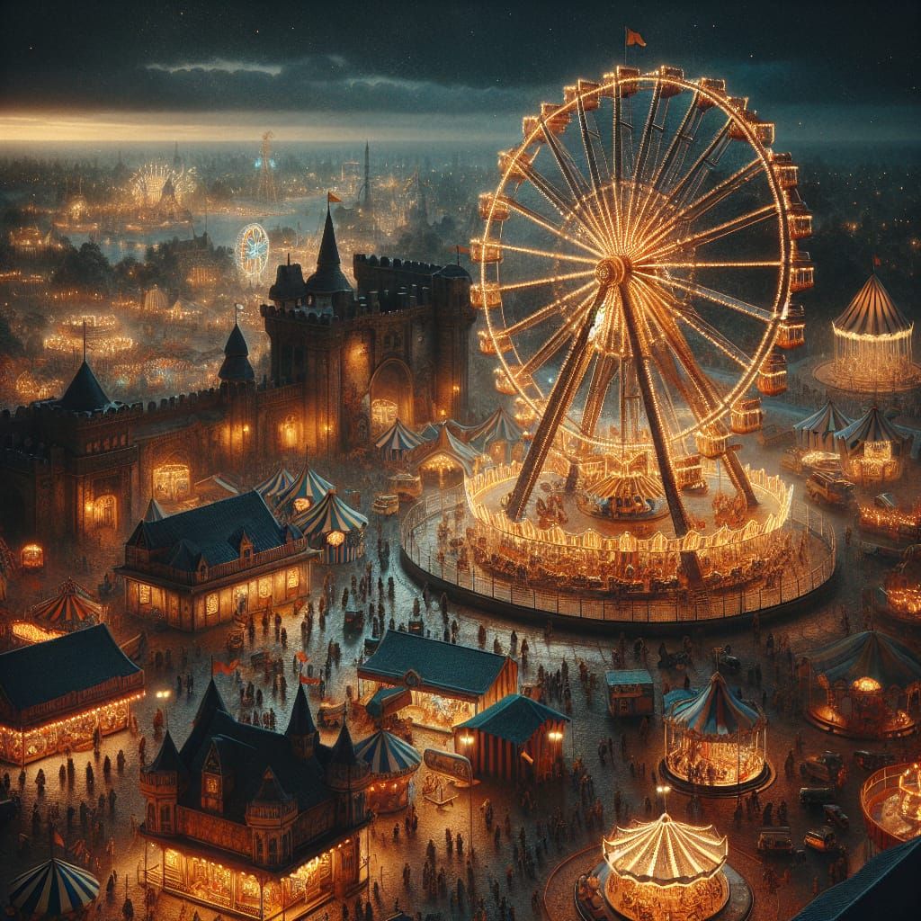 Nostalgic Amusement Park at Night in Fantasy Style
