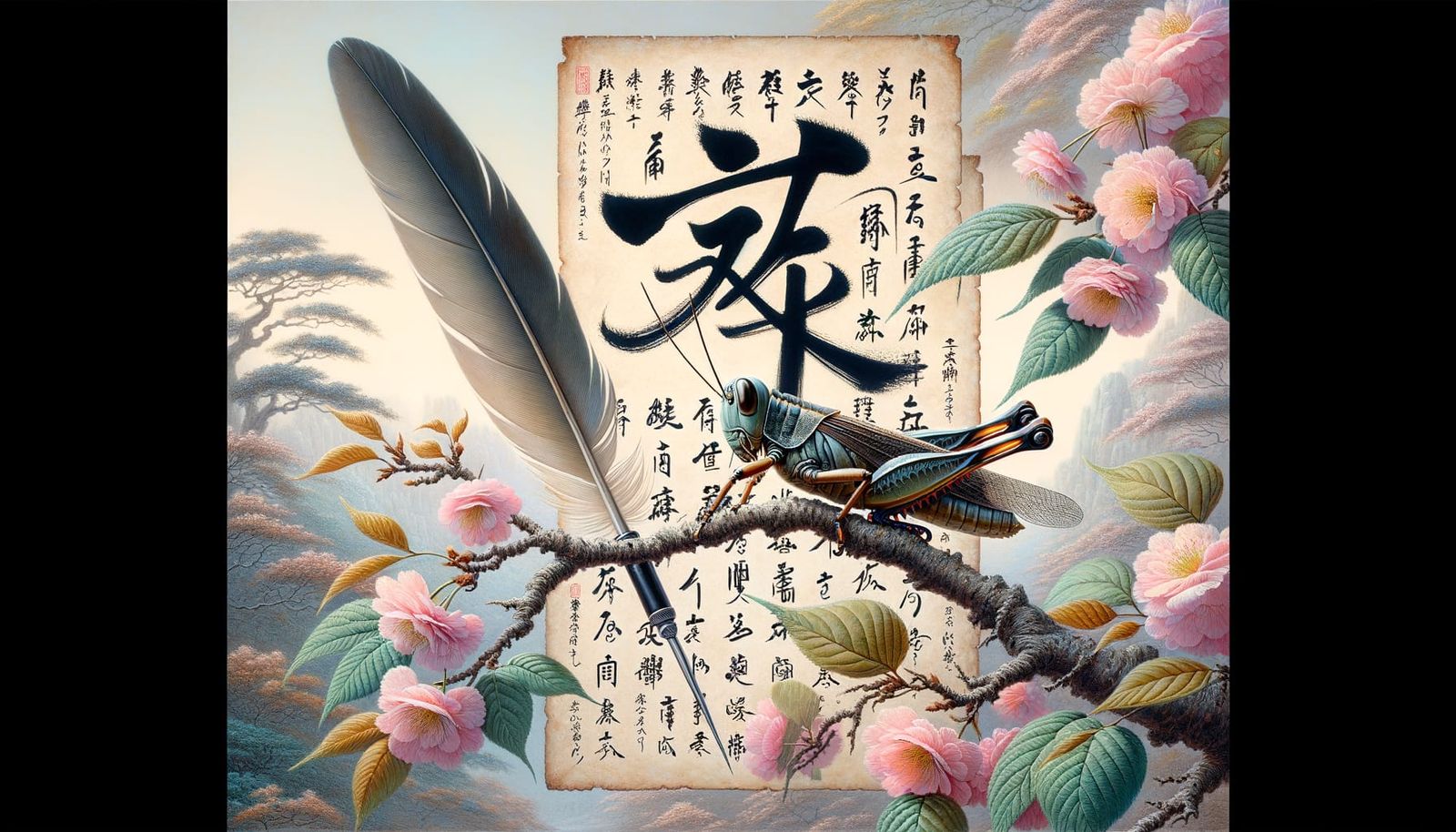 Grasshopper and Cherry Blossoms with Japanese Calligraphy