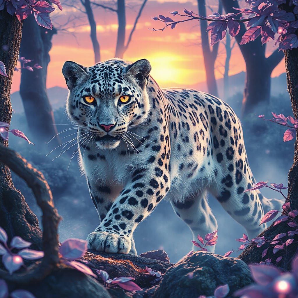 Snow Leopard with Galaxy Fur in Enchanted Forest