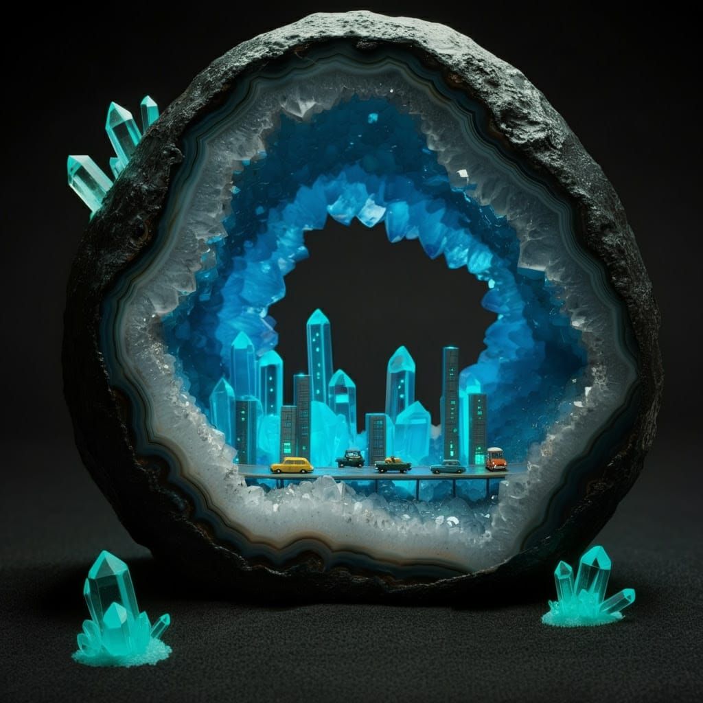 Miniature Geode City in Retro Sci-Fi Style