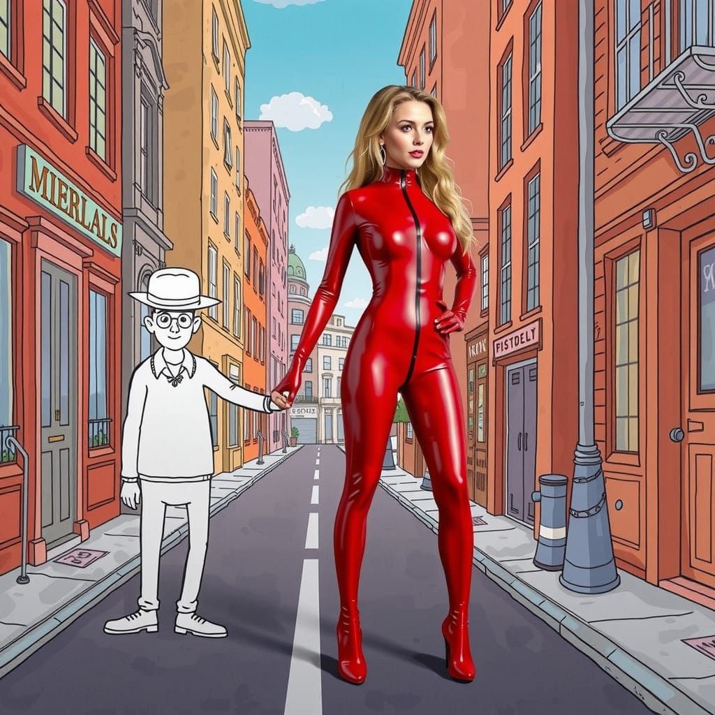 Real Woman in Red Latex Amidst Cartoon Chaos