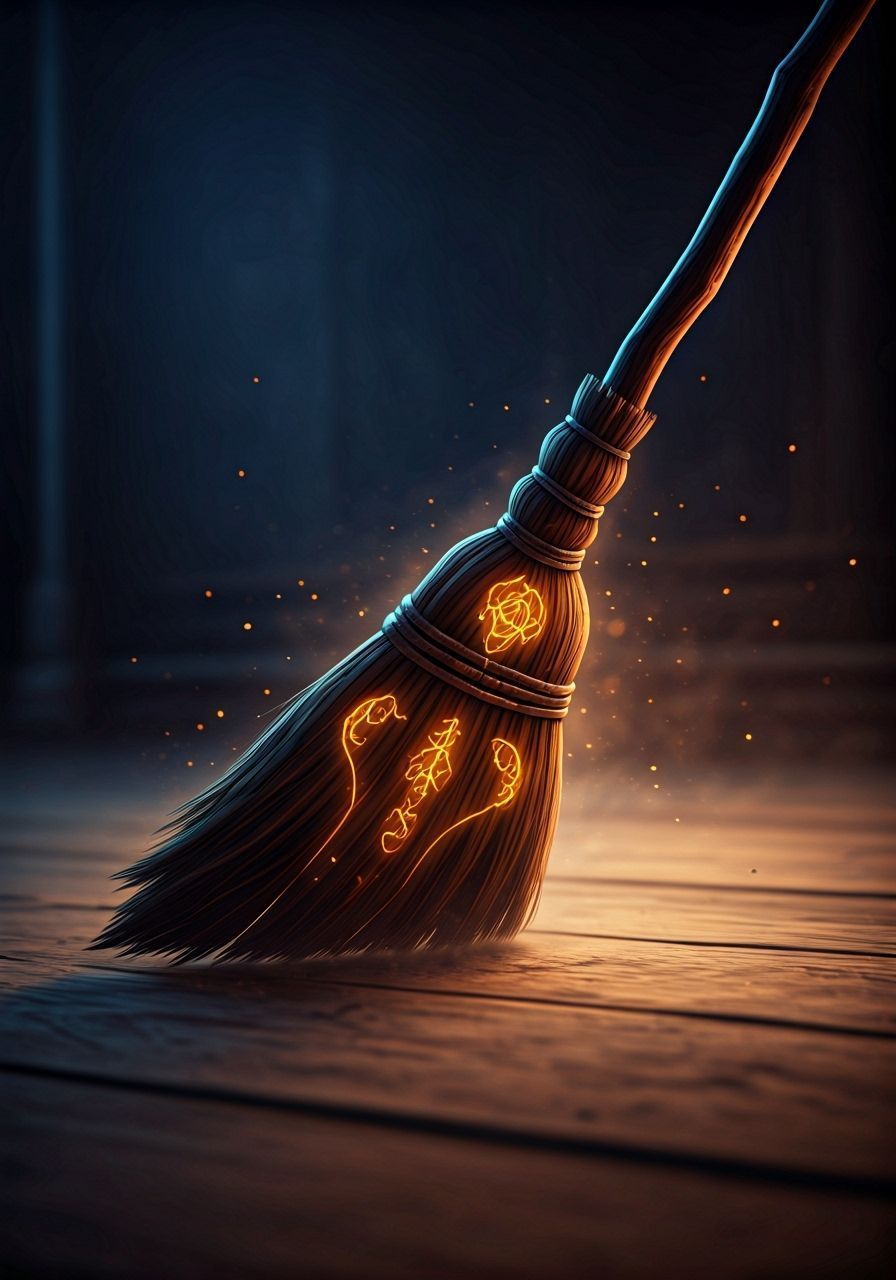 Photorealistic Magical Broom Sweeping Floor with Glowing Sym...