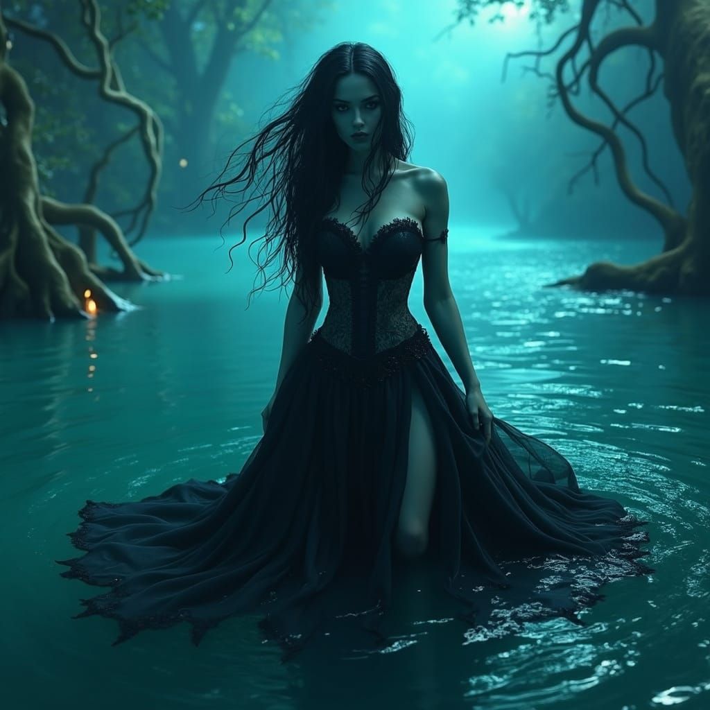 Gothic Woman Emerges from Lake in Manga Style