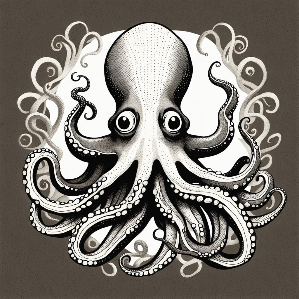 Whimsical Octopus with Four Tentacles in Hand-Drawn Style