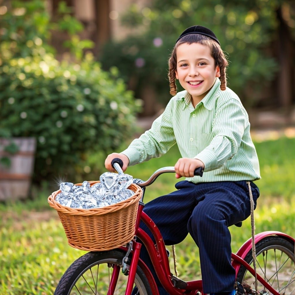 Young Haredi Boy Riding Bicycle in Traditional Attire