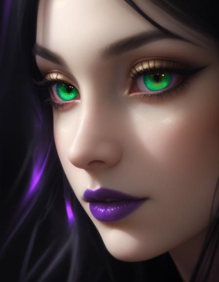 Angelic gothic beauty with long black hair and green eyes with dark purple eyeshadow with black eyeliner and dark purple...
