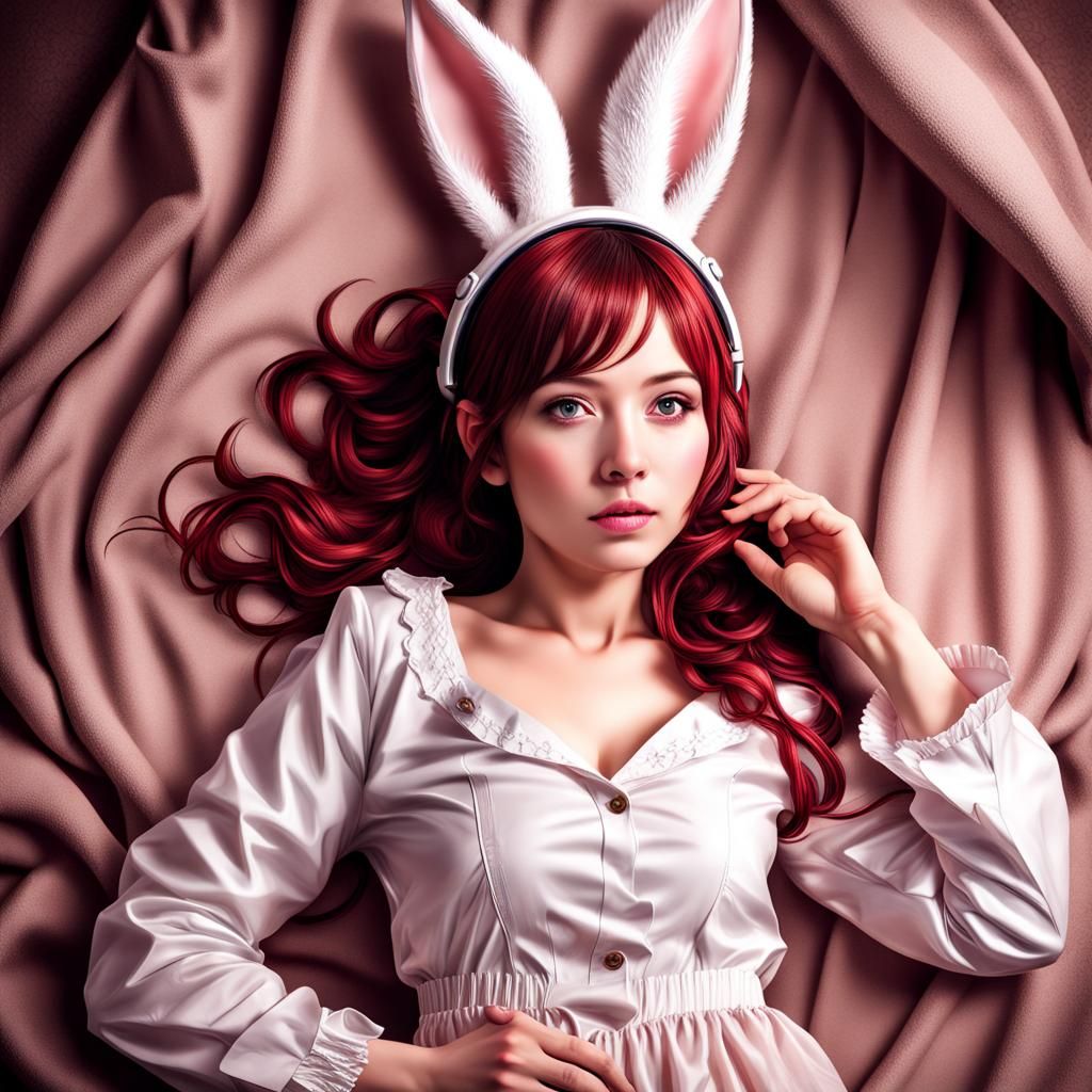 Cosplay Woman with Rabbit Ears, Hyperrealistic Full Body