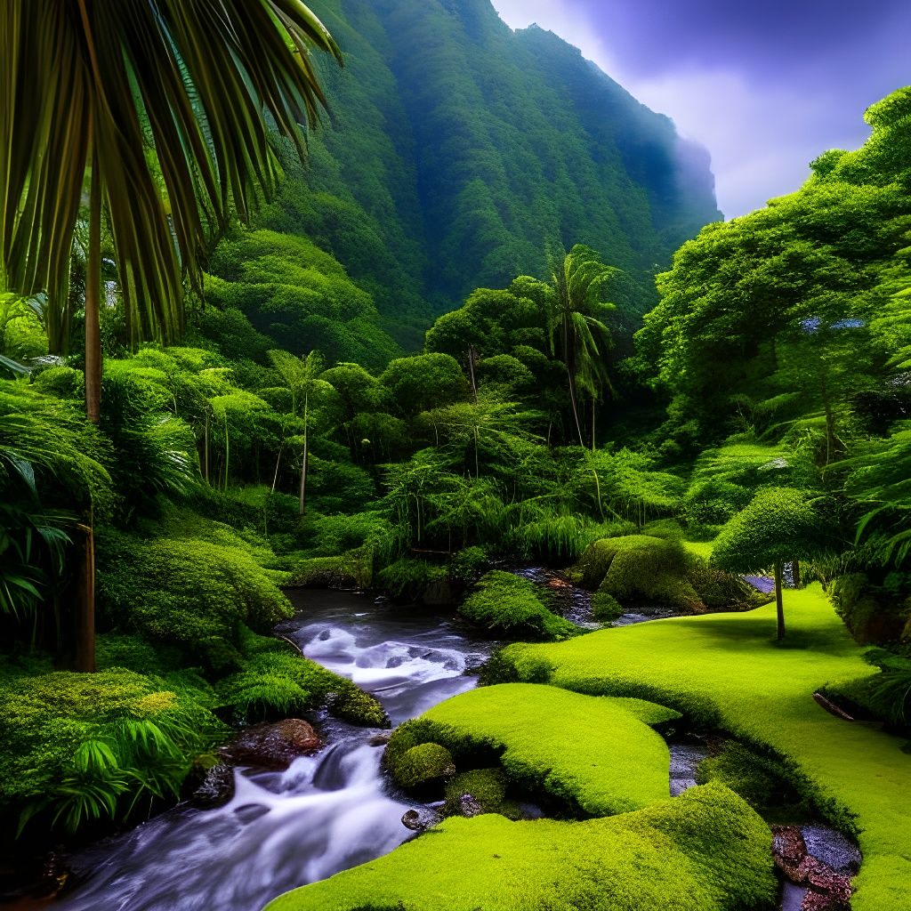 Lush Jungle Castle Ruins: Neo-Impressionist Painting