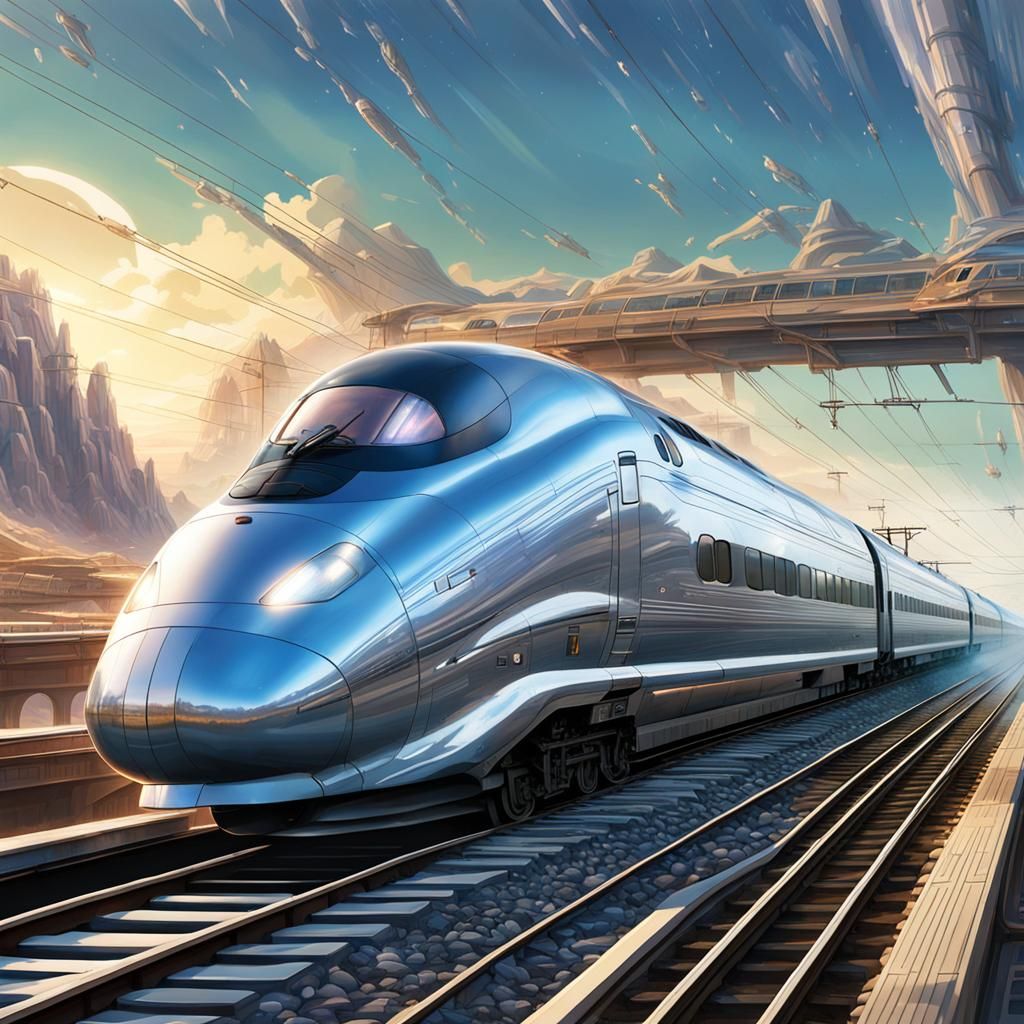 Bullet Train on Alien Planet in Retrofuturistic Style