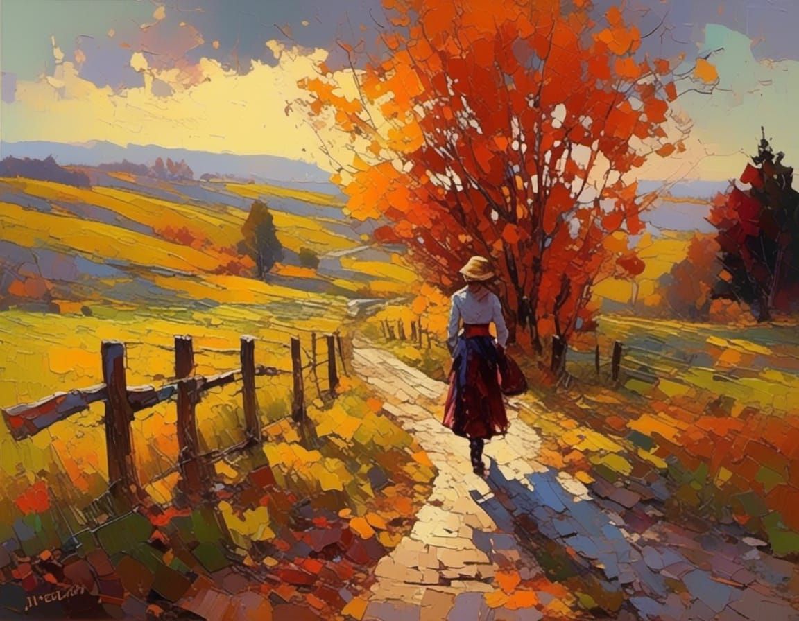 Autumnal Woman in Impasto Landscape