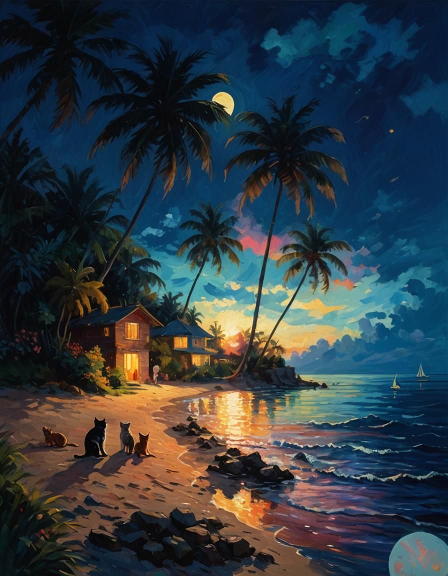 Island Sunset: Impressionistic Cats and Children