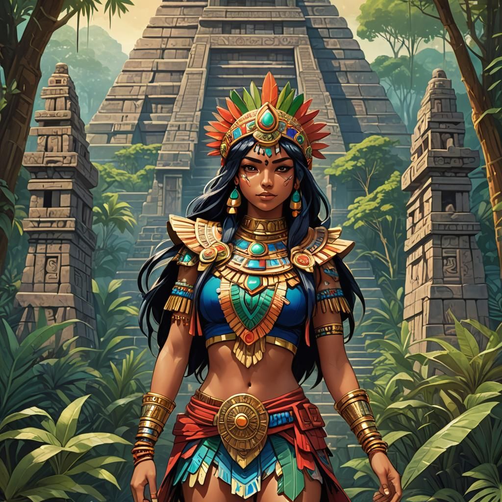 Anime Girl Emerges from Mesoamerican Temple