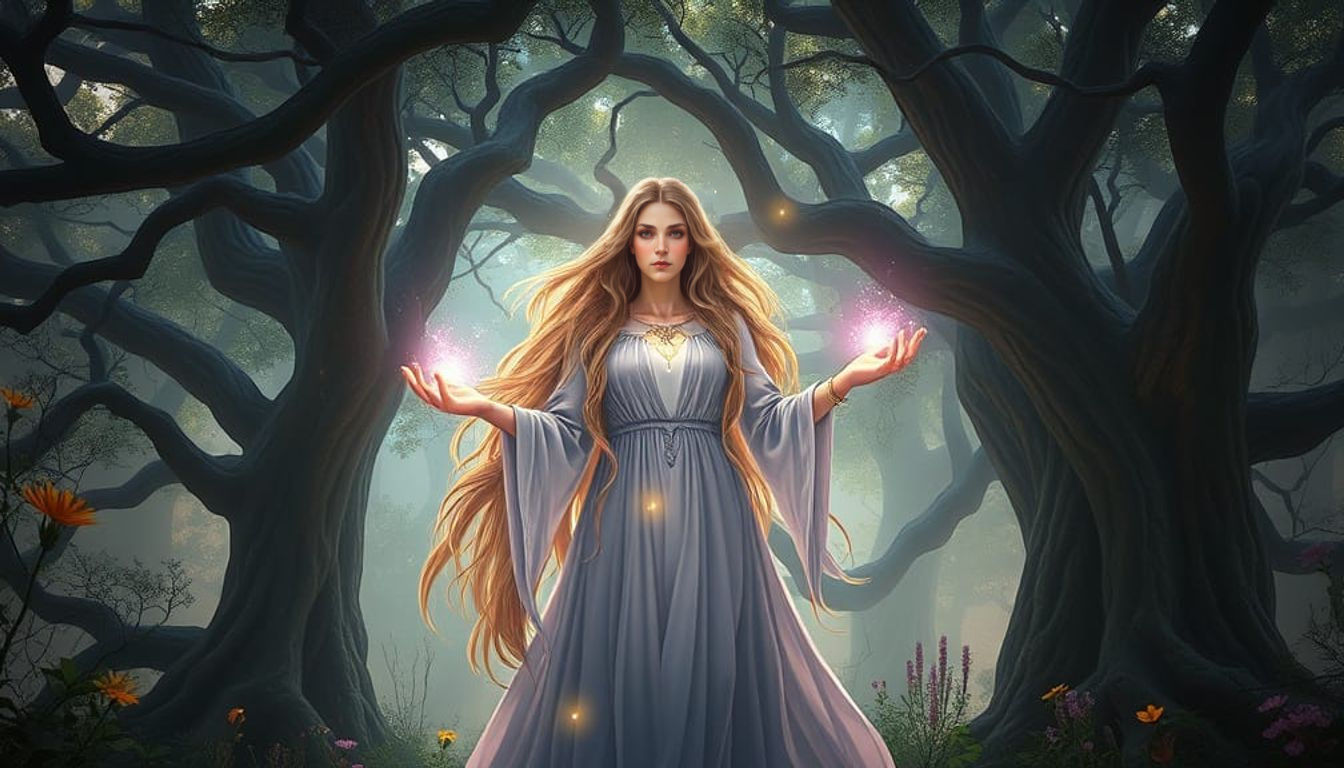 Celestial Sorceress in Ethereal Grove, Rendered in Dreamlike...