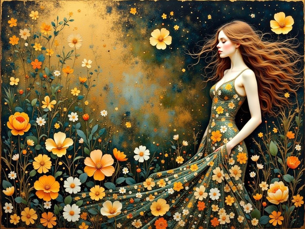 Beautiful Woman with Floral Patterns in Art Nouveau Style