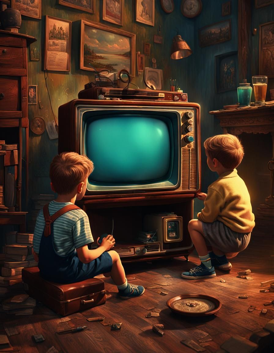 Kids Watching TV in 1950s: Detailed Matte Painting