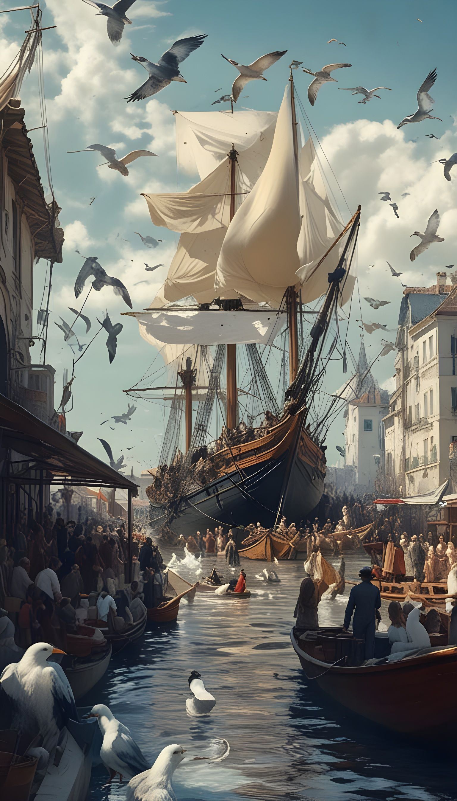 The Spanish merchant vessel La Juliana being launched near Barcelona, 1570