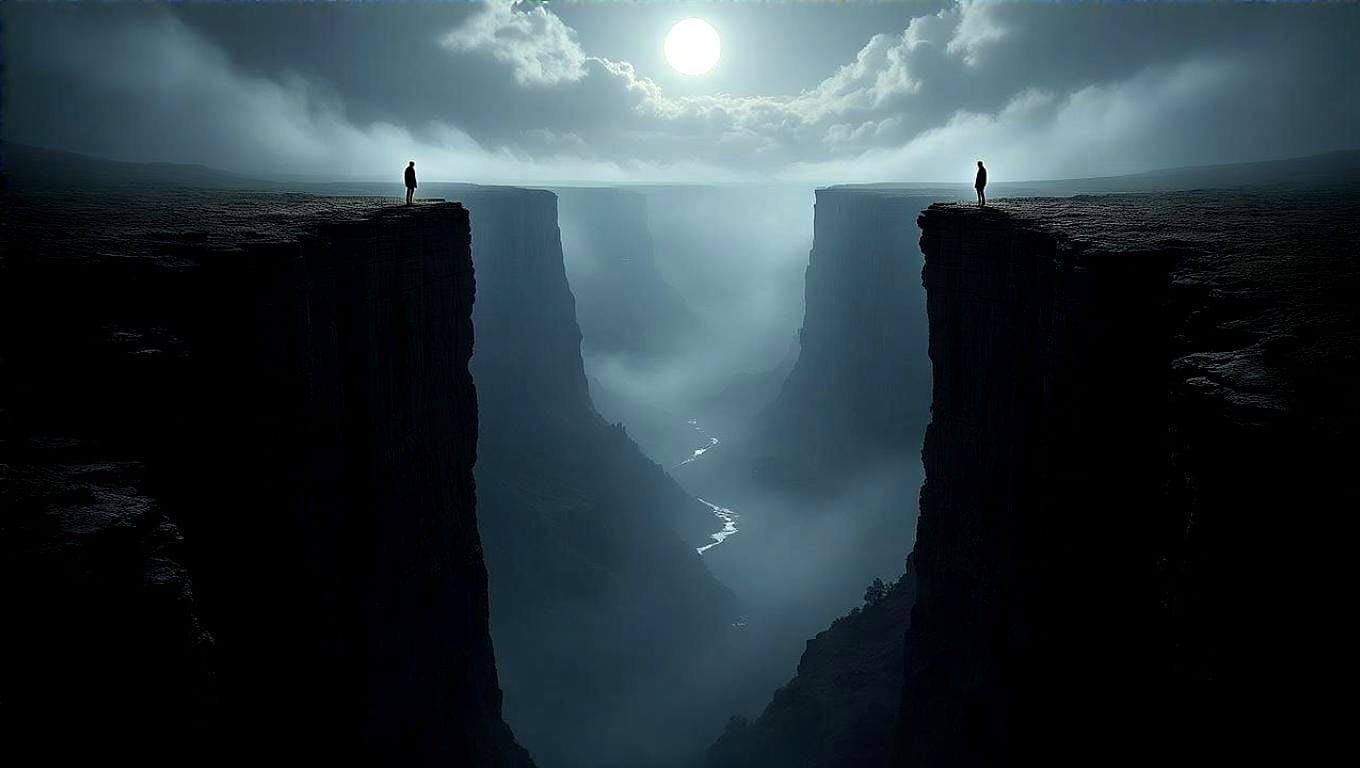 Silhouetted Figures on a Moonlit Canyon