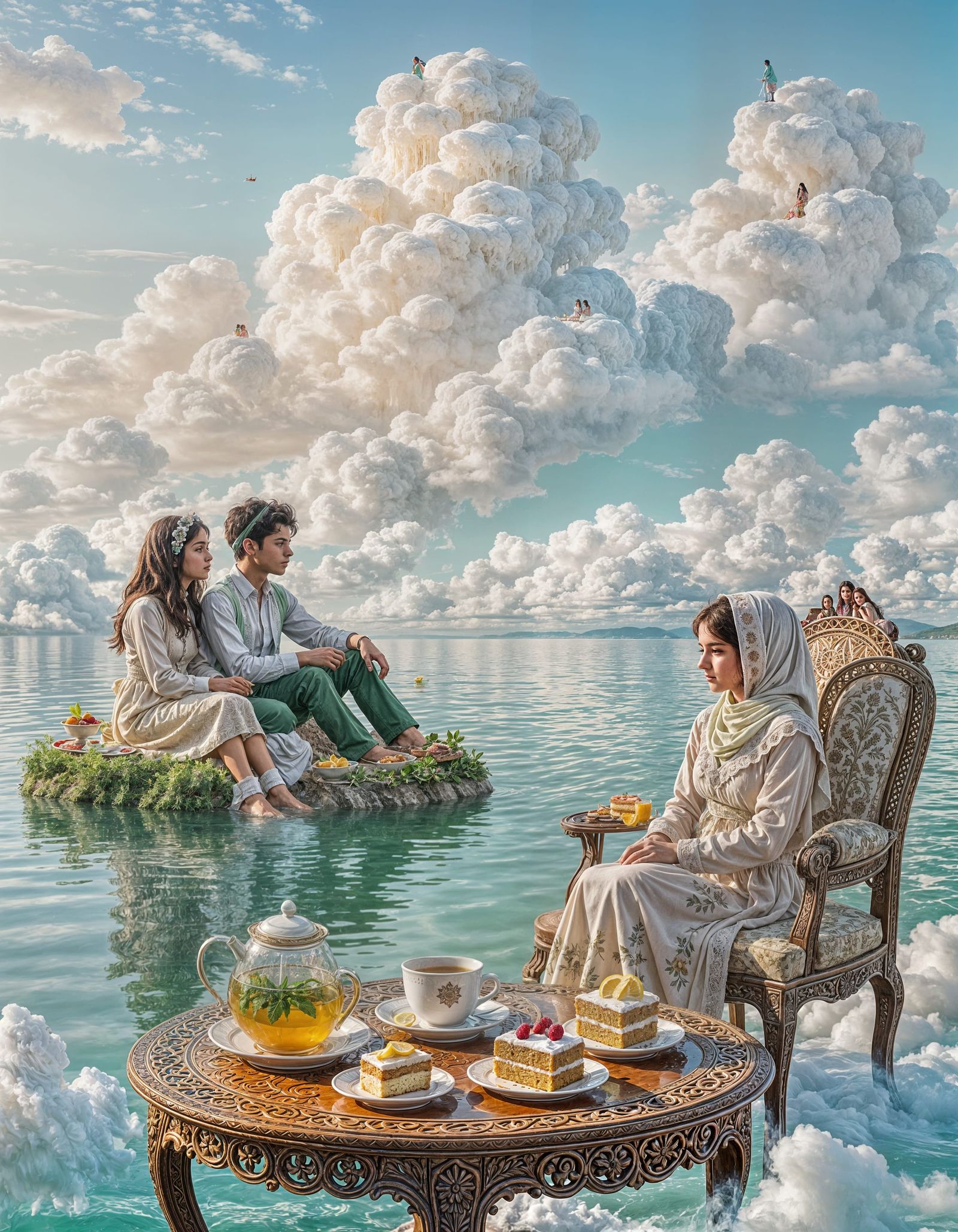 Iranian Couple Enjoying Tea on Cloud Island