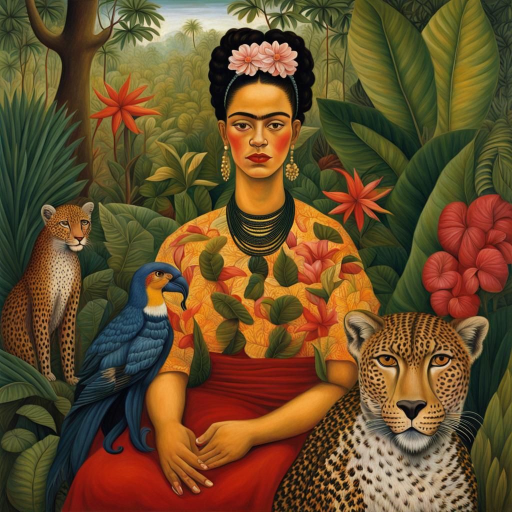 African Woman in Tropical Garden, Frida Kahlo Style