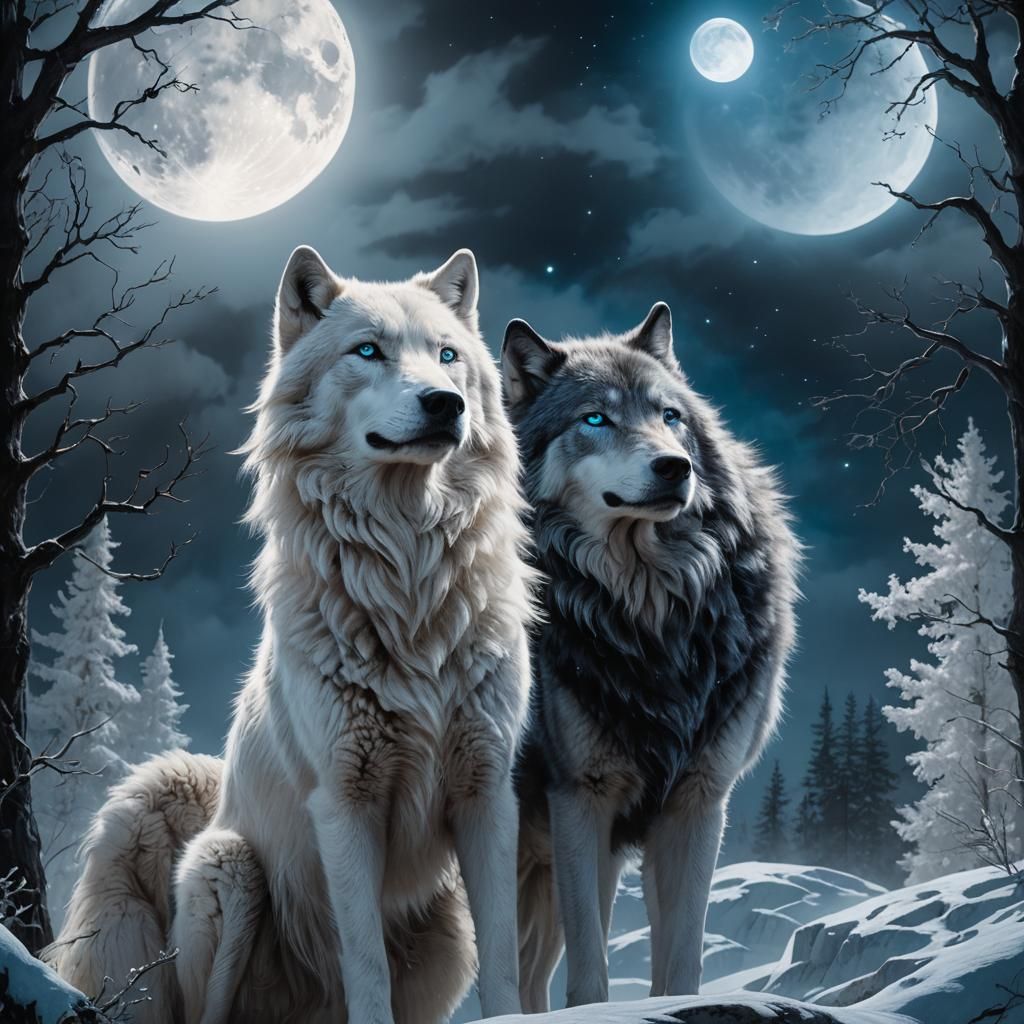 Mystical Wolves Howling at the Moon, Ethereal Art