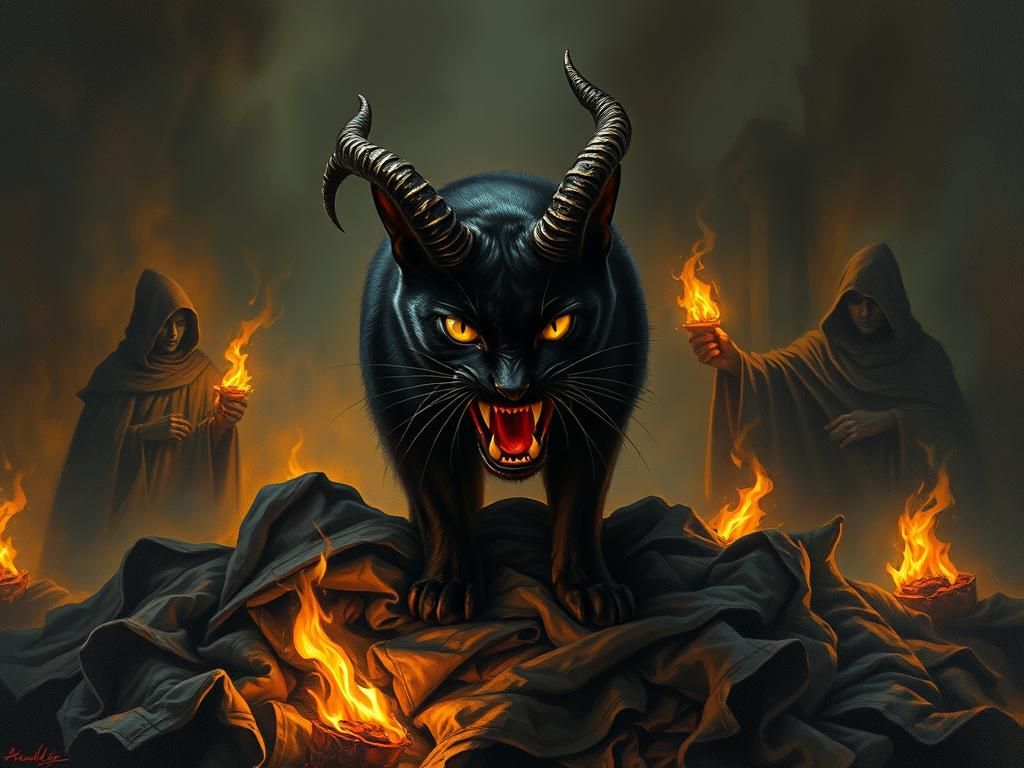 Menacing Horned Cat in Gothic Oil Painting