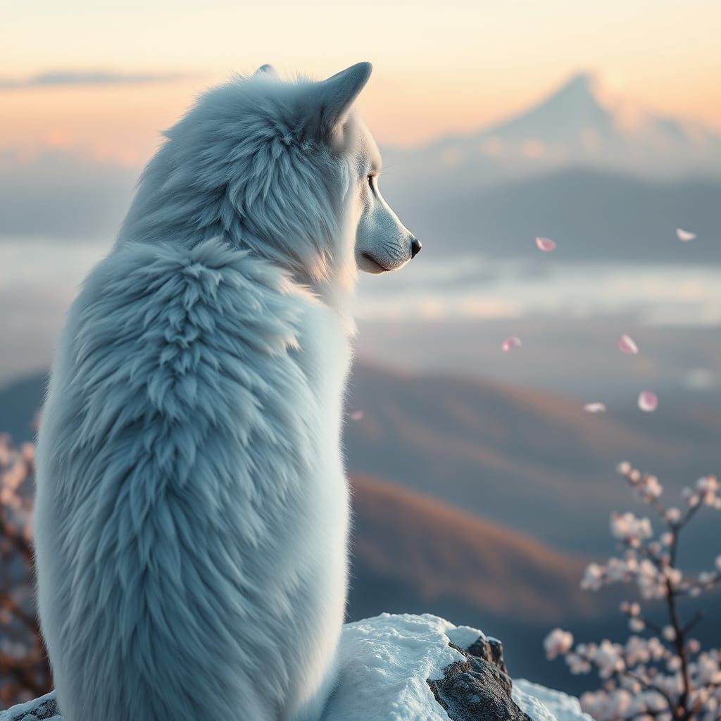 Majestic White Wolf Gazing at Japanese Landscape
