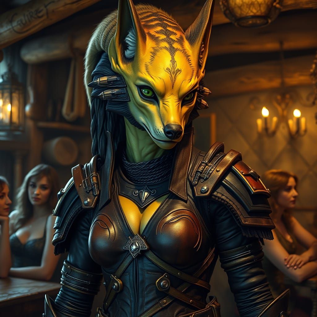 Mysterious Female Warrior in a Rustic Tavern