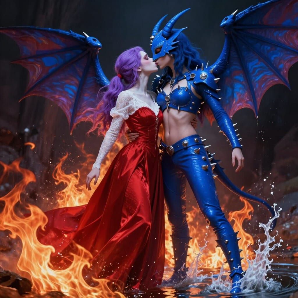 Fire and Water Wizards Kiss in Dramatic Fantasy Art