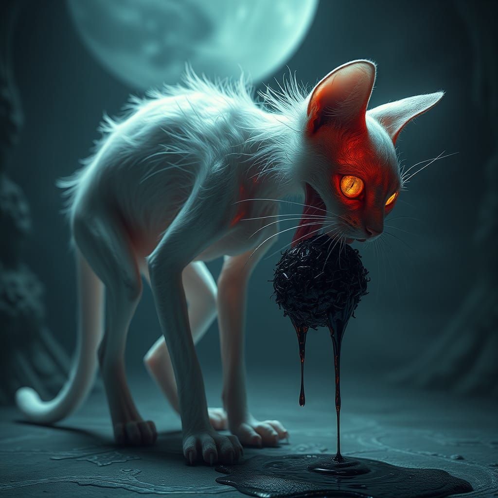 Ethereal Cat Expelling Iridescent Hairball in Beksiński Styl...