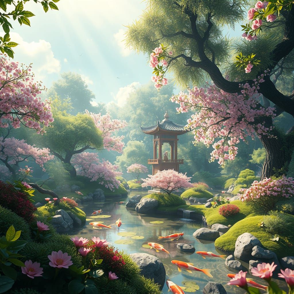 Ethereal Heaven Garden with Zen Oasis and Divine Light