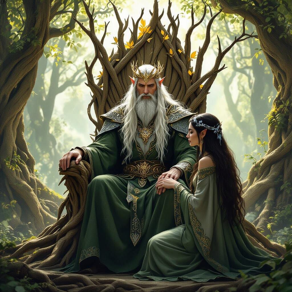Elven King and Daughter in Ancient Forest Hall