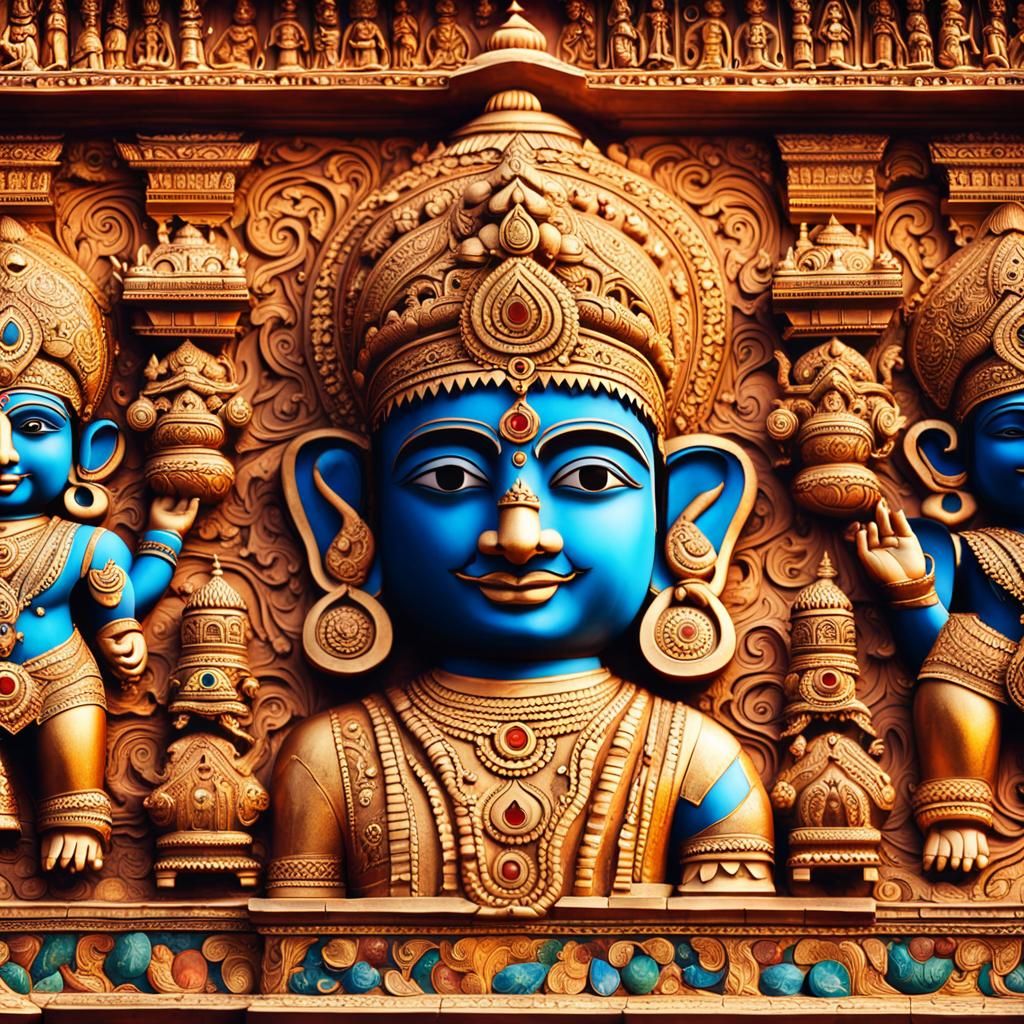 Vibrant Indian Temple Art with Gold Filigree