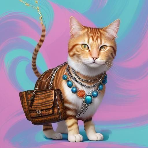 Cat Walking Upright with Jewelry, Gouache Style