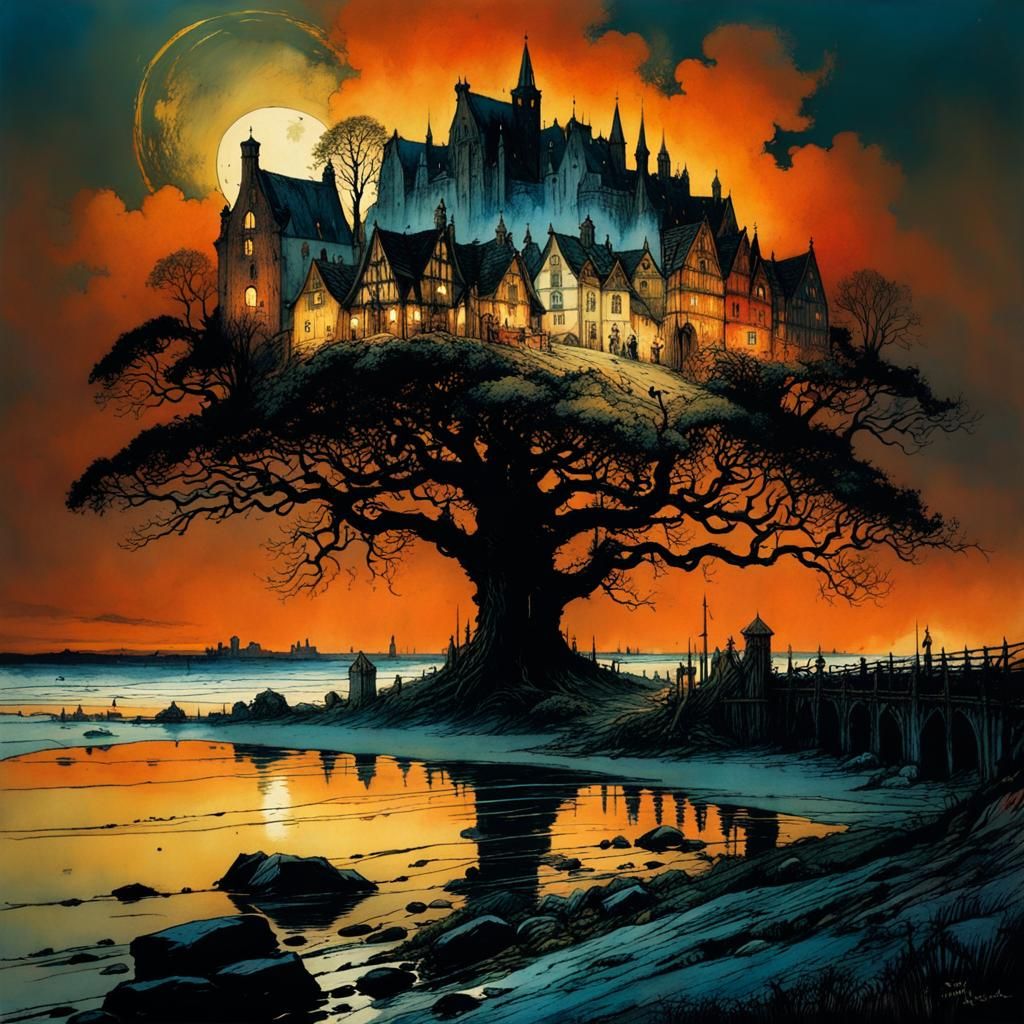 Mysterious Medieval Town at Night