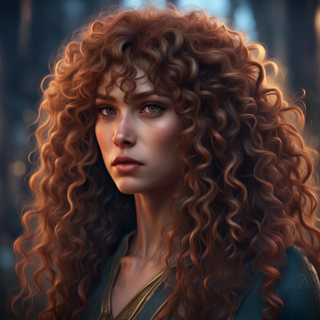 Girl with Long Curly Hair, Detailed Matte Painting
