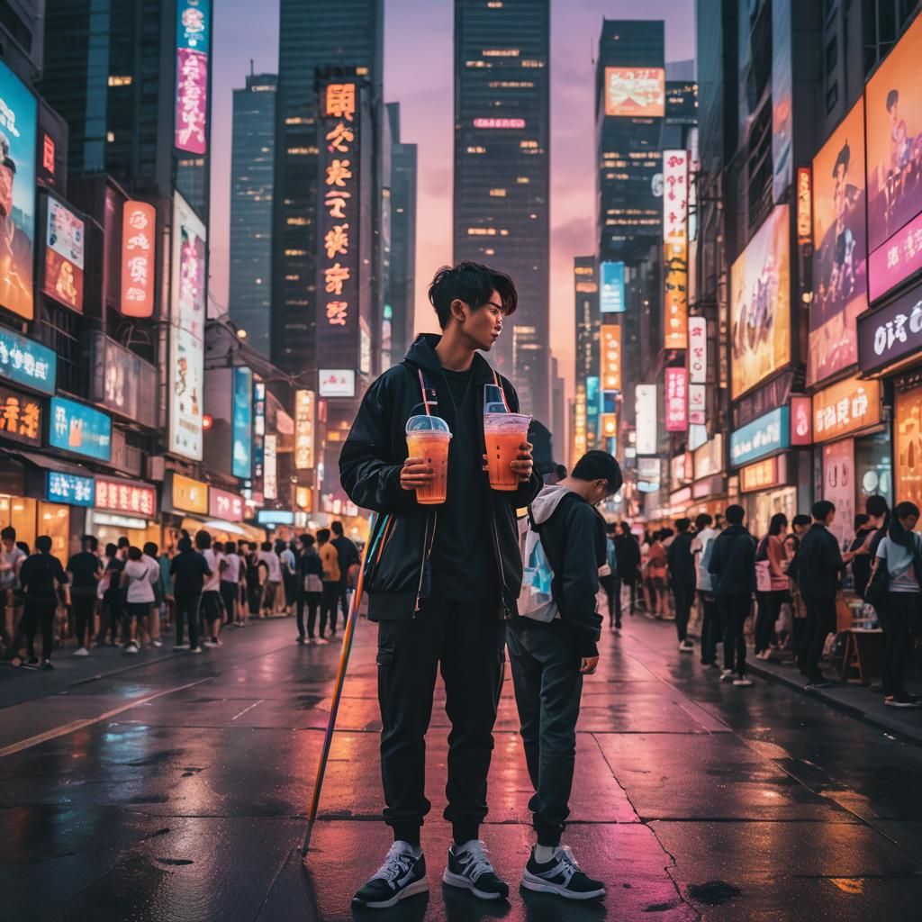 Cyberpunk Cityscape: Bubble Tea in Neon Metropolis
