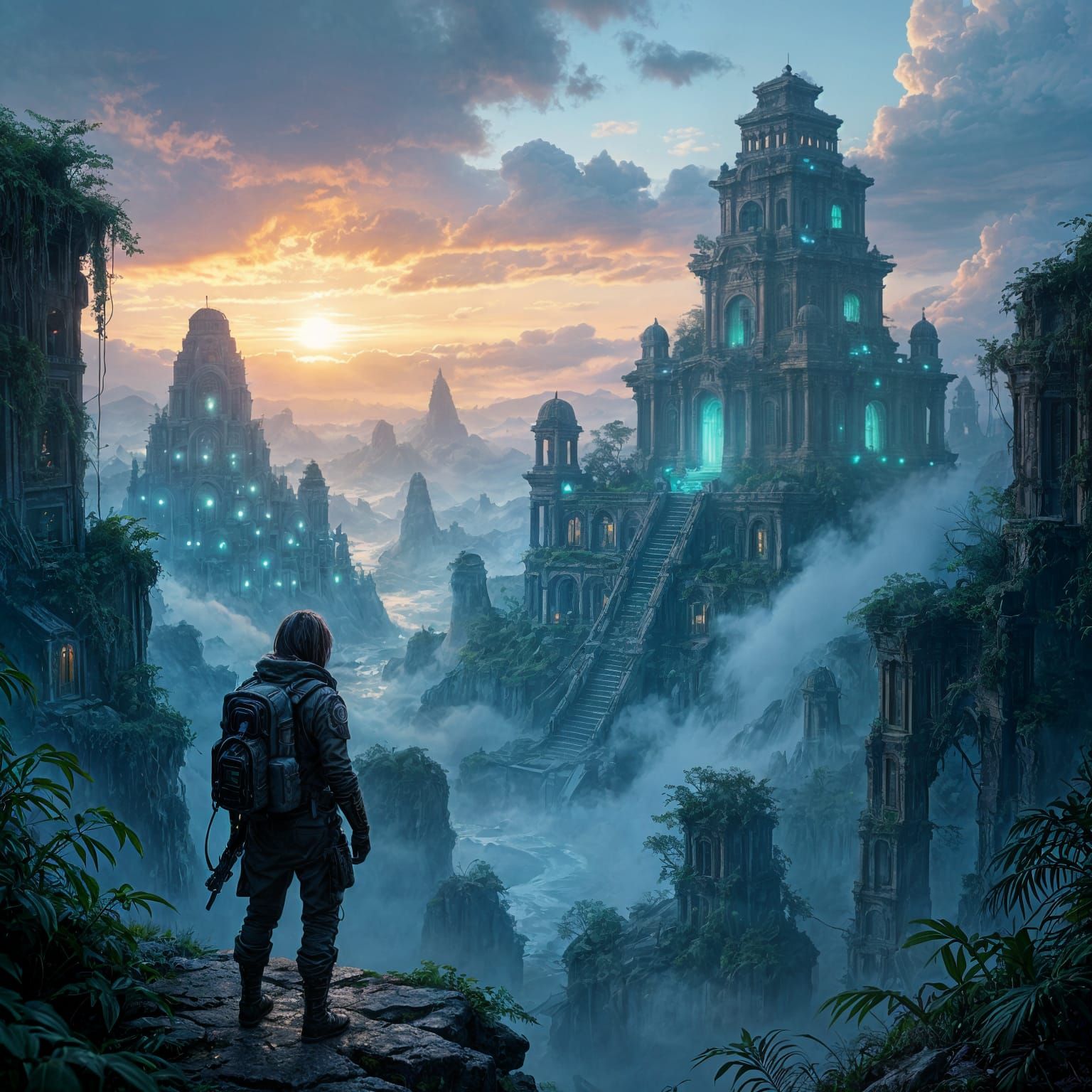 Explorer Gazes Over Alien Jungle Reclaiming Metropolis in Co...