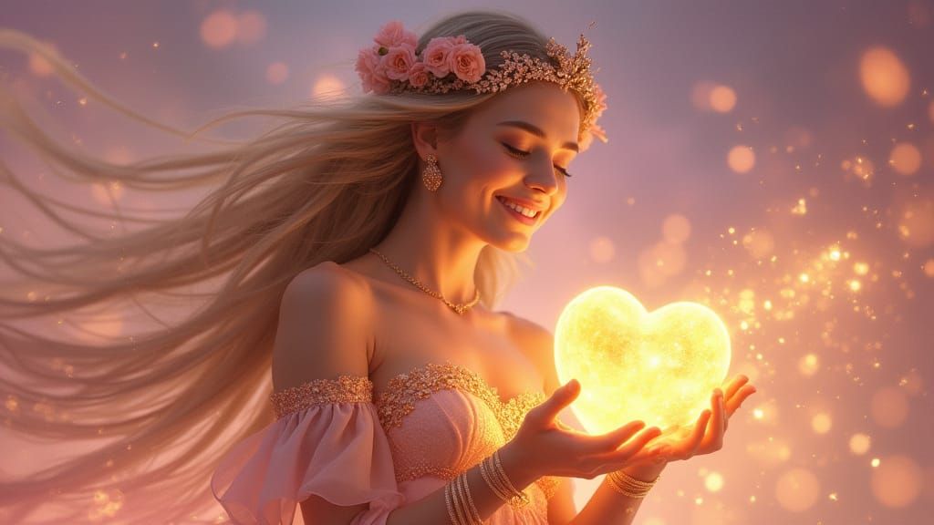 Confident Fantasy Woman in Rose-Gold Gown Radiates Magical E...