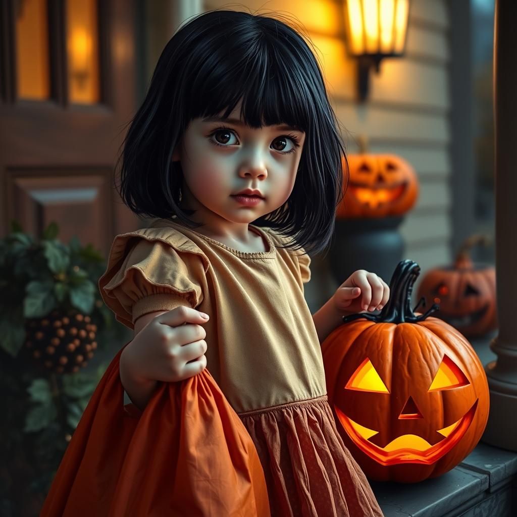 Halloween Girl with Button Eyes and Jack-O-Lantern