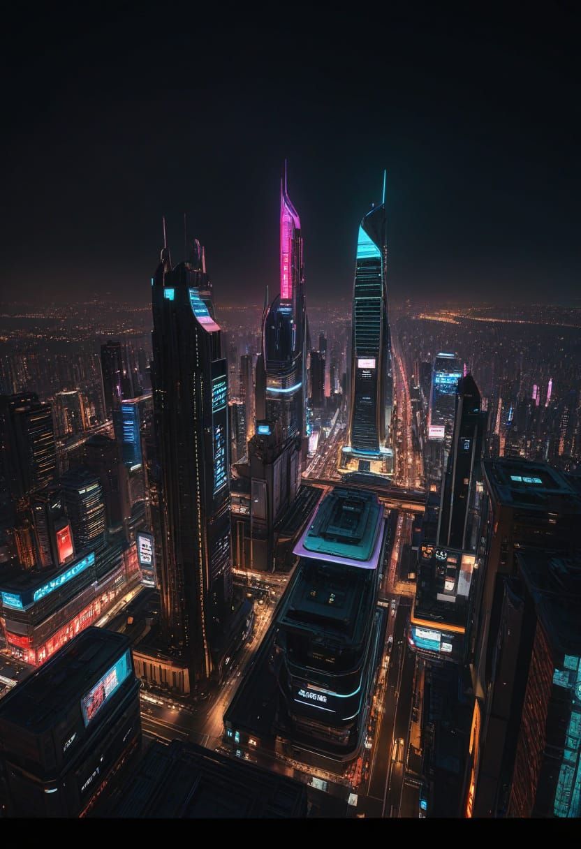 Cyberpunk Metropolis at Night with Neon Skyscrapers and Flyi...