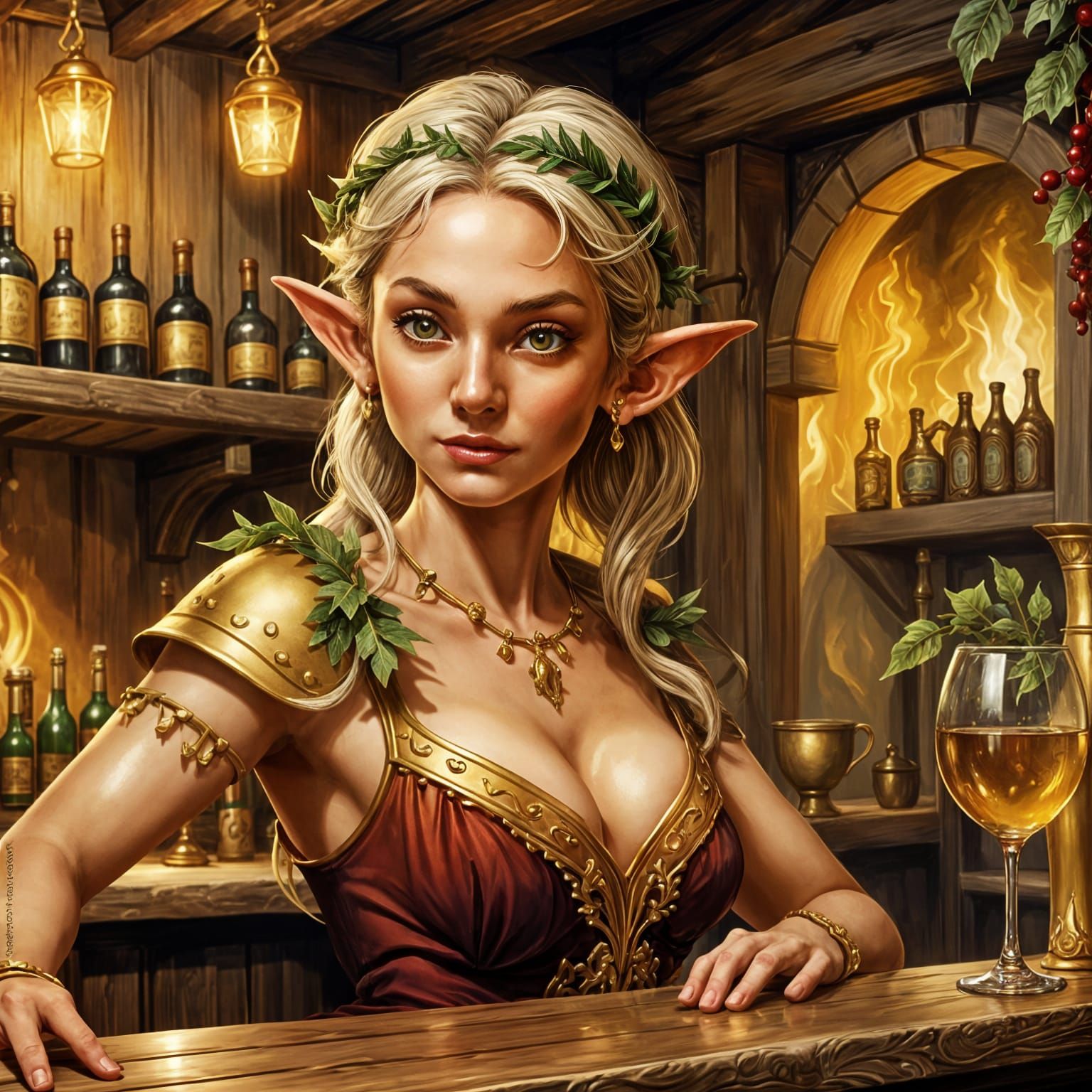 Golden-Skinned Elf Barmaid: 2D Fantasy Concept Art