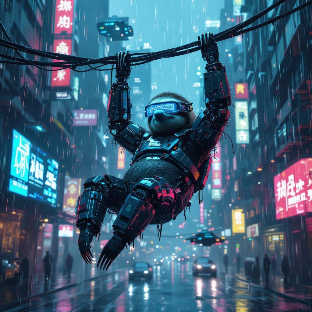 Cyberpunk Sloth in Neon Cityscape