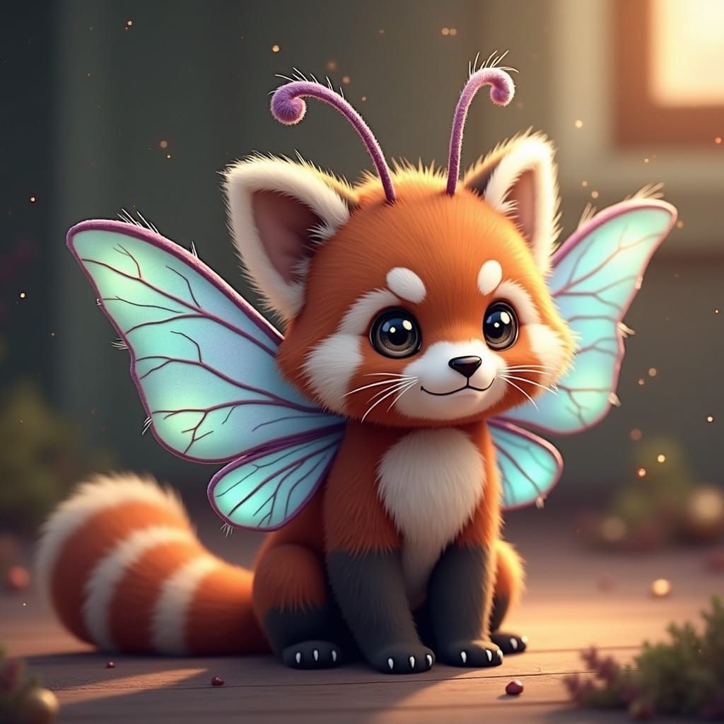 Whimsical Red Panda Moth Hybrid with Glowing Wings and Fluff...